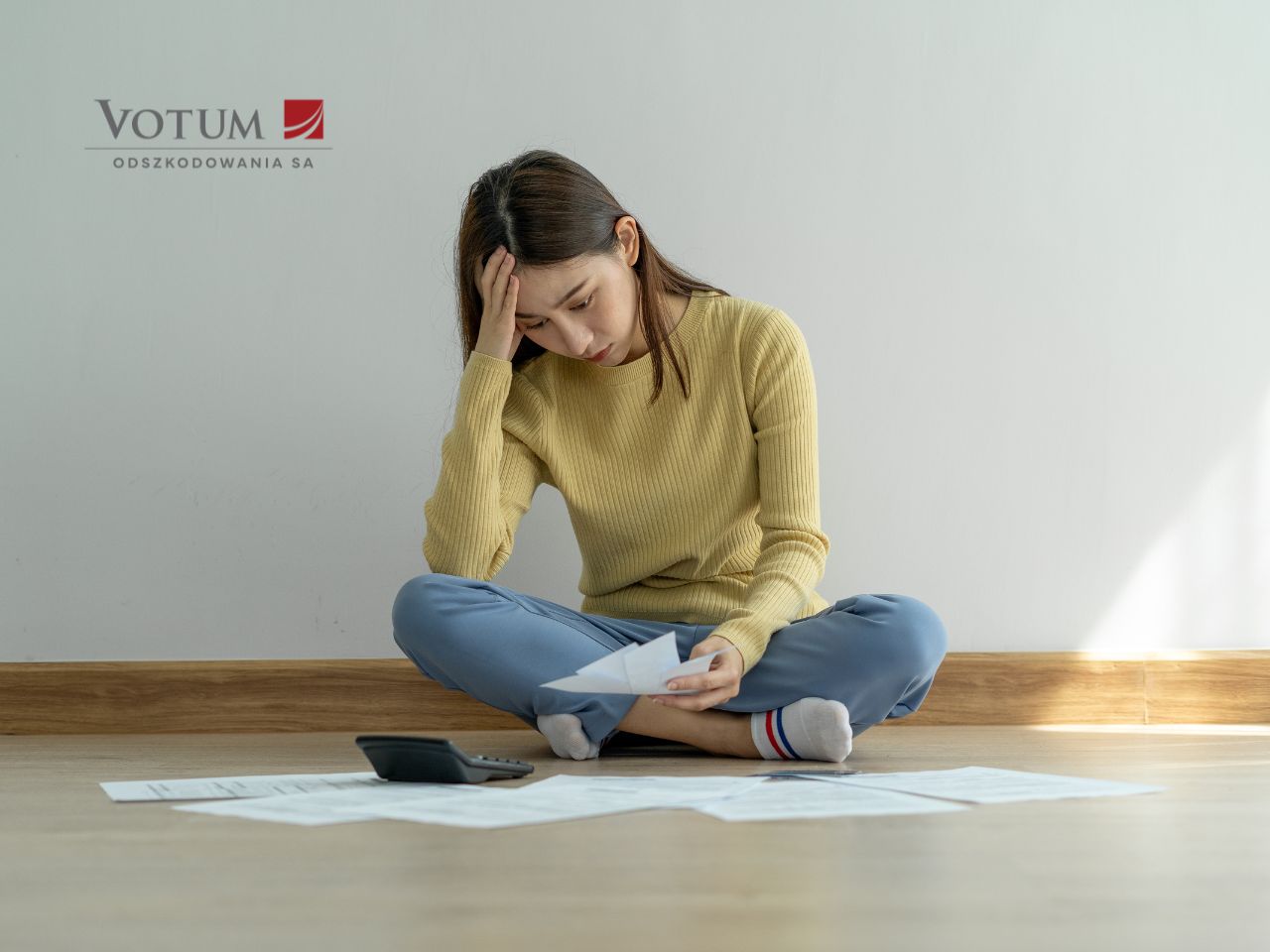 Zmartwiona kobieta przegląda dokumenty i rachunki po wypadku komunikacyjnym – problemy z uzyskaniem odszkodowania z OC sprawcy.
