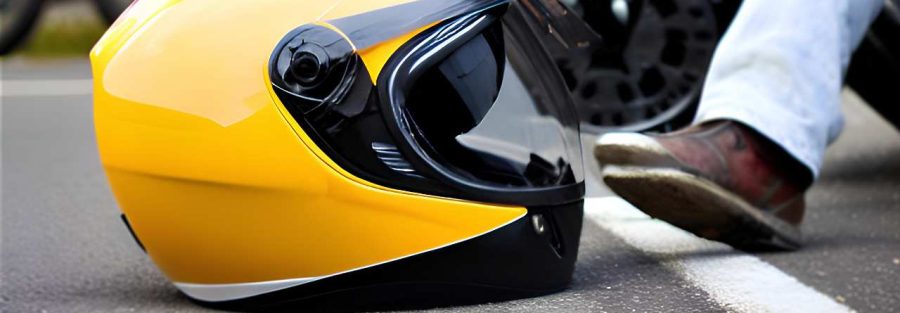 Zółty kask leżący na drodze, w tle motocykl. Odszkodowanie za uszczerbek na zdrowiu od Euroins. Logo Votum odszkodowania
