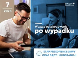 Mężczyzna na wózku inwalidzkim i uśmiechnięta kobieta trzymają się za ręce. Tekst: Wyższe odszkodowanie po wypadku – Votum Odszkodowania SA, etap przedprocesowy oraz sądy I i II instancji.