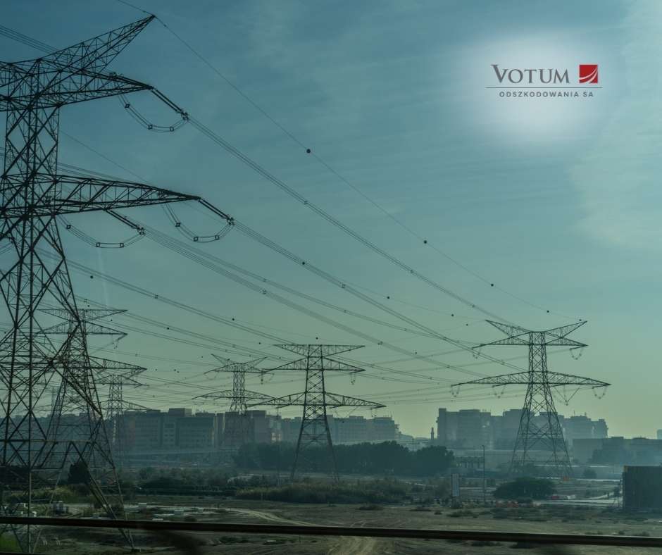 Sieć wysokich linii energetycznych rozciągających się nad miejskim krajobrazem o poranku; w prawym górnym rogu widoczne logo Votum Odszkodowania SA.