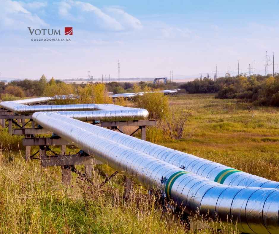 Metalowy rurociąg biegnący przez zielony teren, z widoczną infrastrukturą energetyczną w tle i logo Votum Odszkodowania SA.