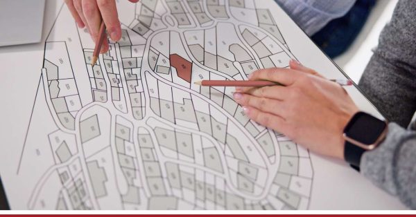 Osoby przy biurku wskazują na działkę, na której ma powstać infrastruktura przesyłowa